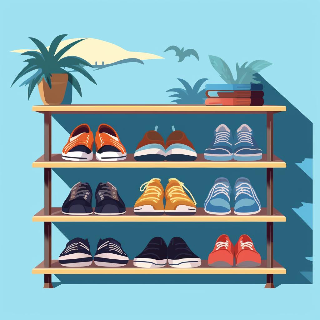 Surfing shoes neatly stored on a shelf